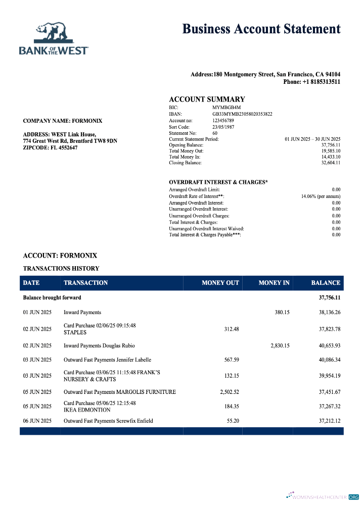 Download US Bank of the West company checking account statement Word and PDF template Photoshop template